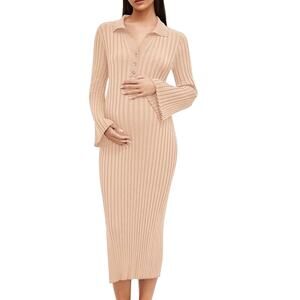 Maternity Midi Sweater Dress V-Neck Long Sleeve Knit Ribbed Beige Size Medium